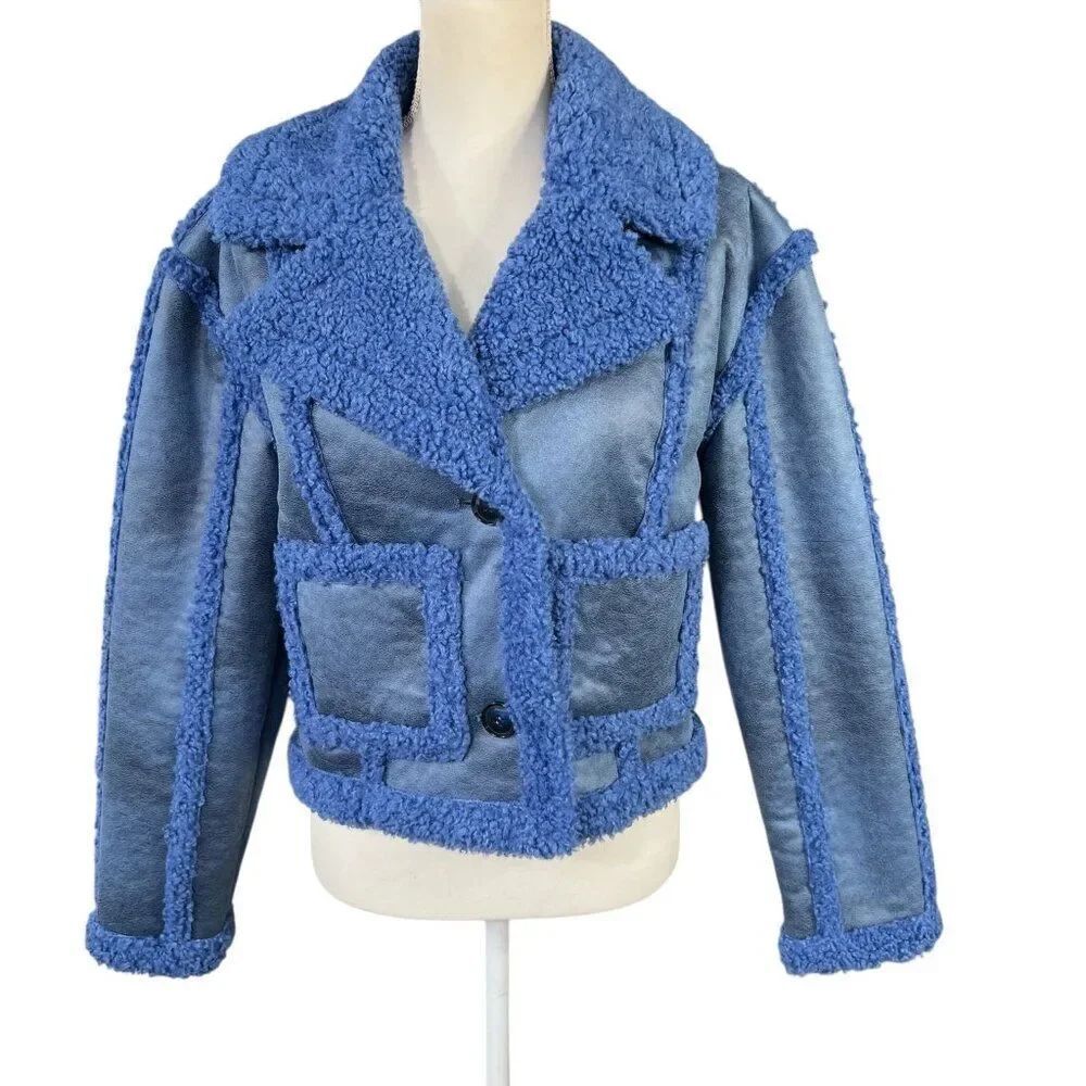 Avec Les Filles Anthropologie Boxy Cropped Fabric Mix Coat Faux Suede Blue Size